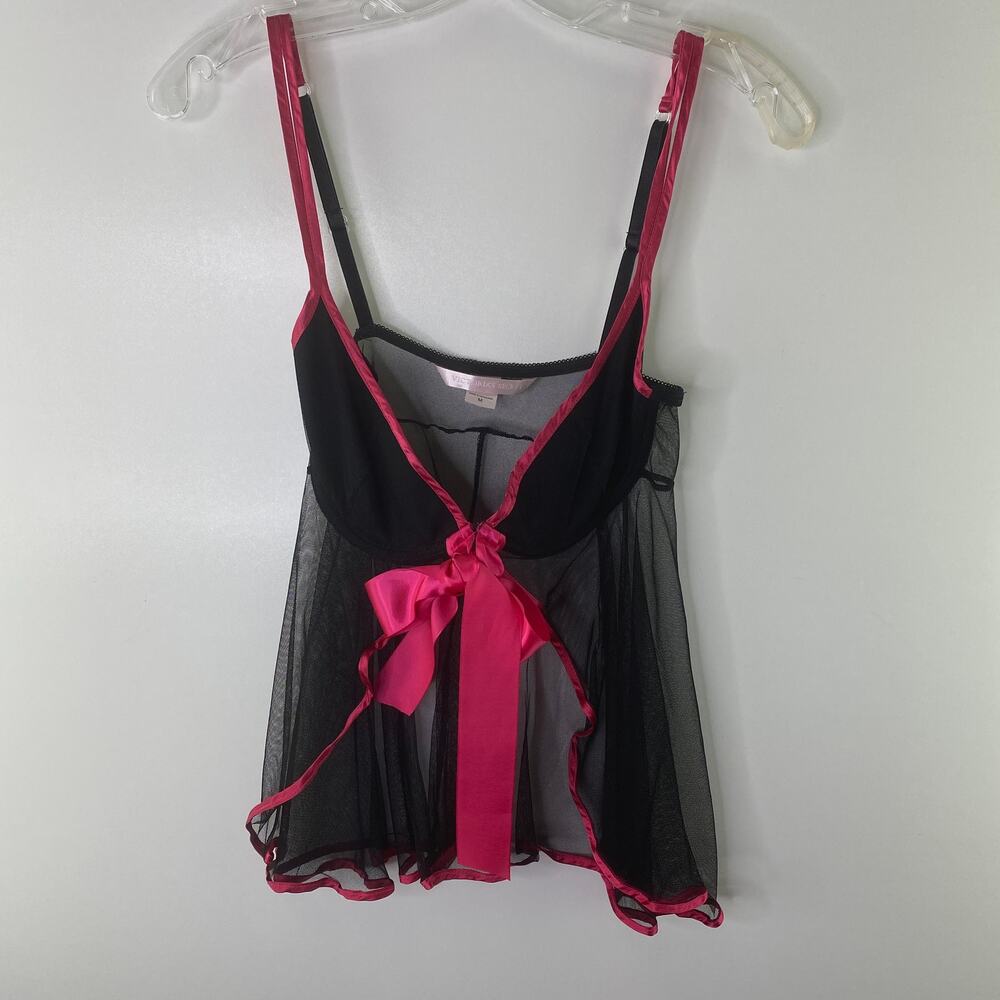 Victoria's Secret Sheer Mesh Lingerie Black MEDIUM Babydoll Satin Ribbon Teddy